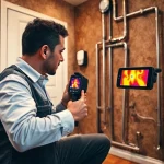 Central heating leak detection technician using thermal imaging to identify hidden leaks.