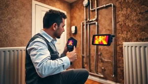 Central heating leak detection technician using thermal imaging to identify hidden leaks.