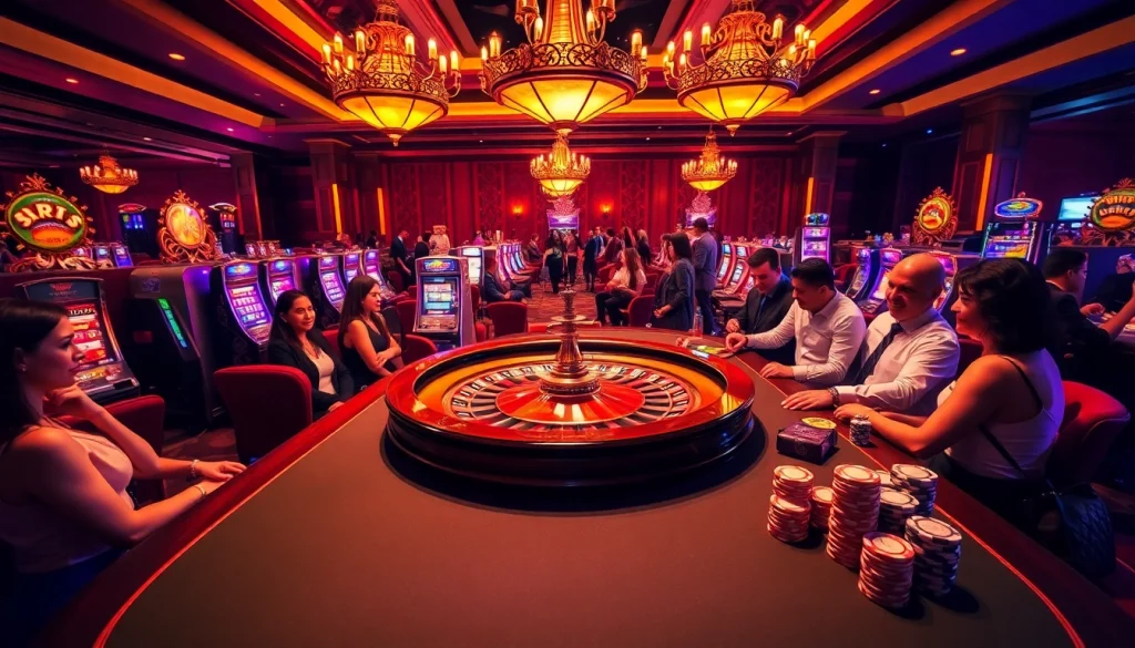 SUNWIN gaming excitement at a luxurious casino featuring roulette, slot machines, and eager players.