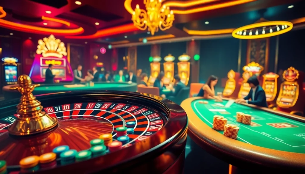 Experience the thrill of high-stakes gambling at Luckywin com with a vibrant casino environment capturing poker tables and roulette wheels.