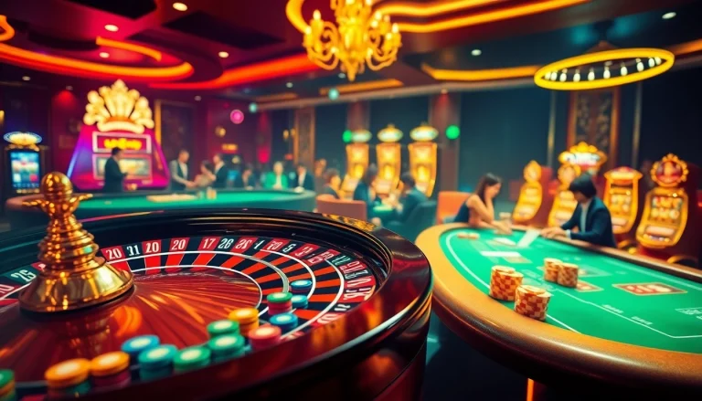 Experience the thrill of high-stakes gambling at Luckywin com with a vibrant casino environment capturing poker tables and roulette wheels.
