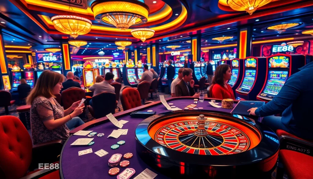 Gamblers engaging in thrilling games at EE88 casino, showcasing vibrant roulette and slot machines.