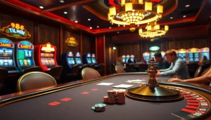 Experience the thrill of 98 win at a luxurious casino with poker tables and roulette wheels.