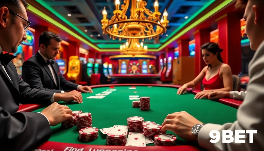 Players engaged at a 9BET poker table, showcasing luxurious chips and cards in a vibrant casino atmosphere.