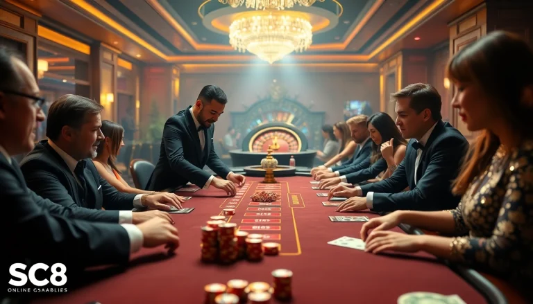 Engaged players thrillingly betting at a luxurious casino table representing SC88.BZ.
