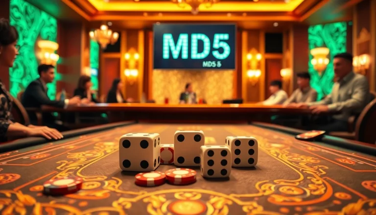 Players engaging in the transparent game of tài xỉu md5 at a luxurious casino table, showcasing excitement.