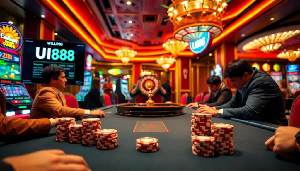 Experience thrilling poker action at UU88's luxurious casino with vibrant slot machines.