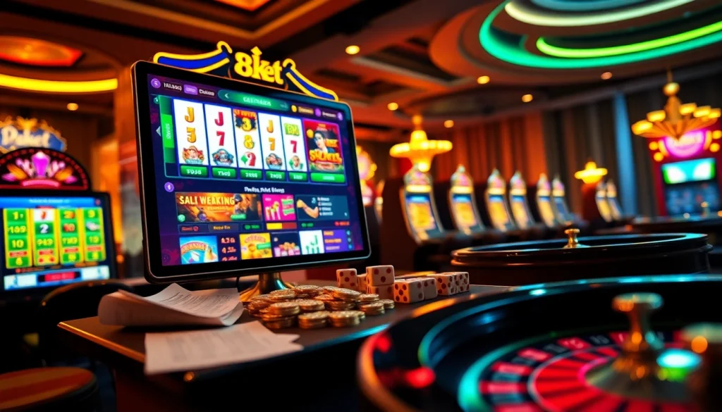 8kbet online casino scene showcasing vibrant slot machines and poker tables for excited gamblers.