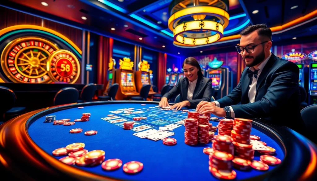 Tỷ lệ kèo bet88 showcased among colorful poker chips and betting slips in a vibrant casino scene.