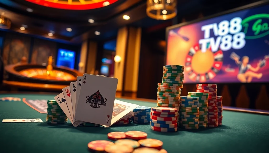Experience the excitement of casino games with TV88 in a luxurious setting featuring poker and roulette.