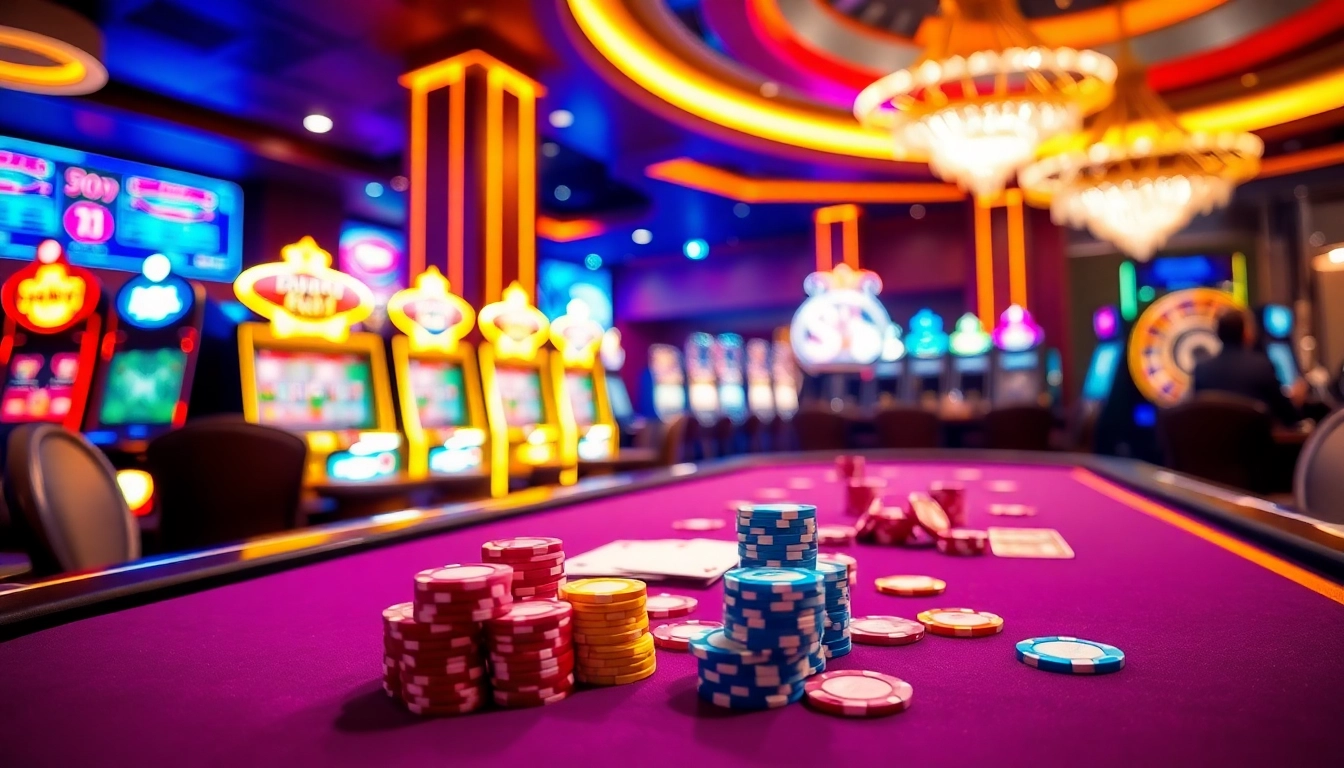 S8 casino table featuring vibrant chips and slot machines in a luxurious setting.