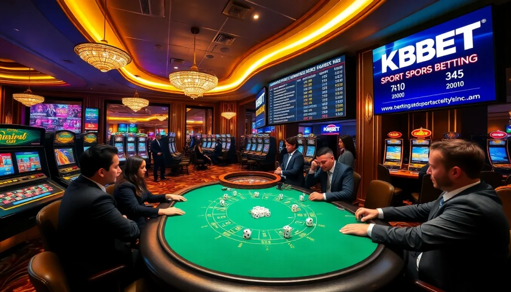 KBBET sports betting scene at a luxurious casino featuring poker, roulette, and slot machines.