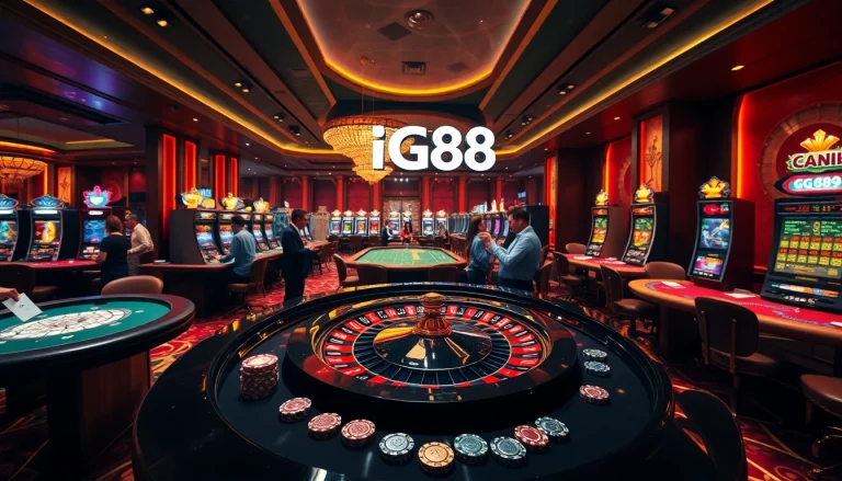 GG88 casino scene featuring vibrant gaming tables and enthusiastic players.