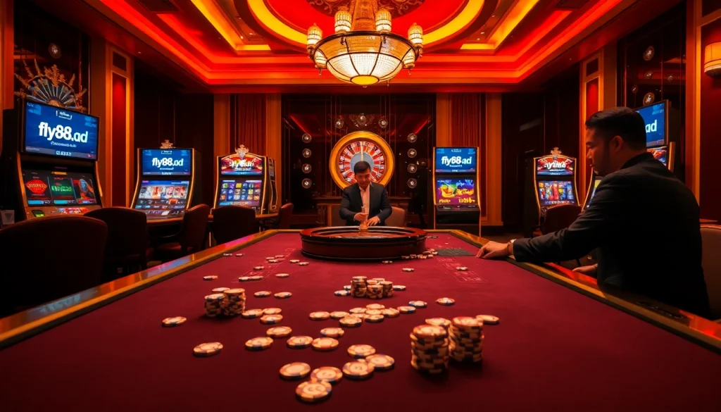 Experience the thrill of gaming at fly88.ad with vibrant casino tables and professional dealers.