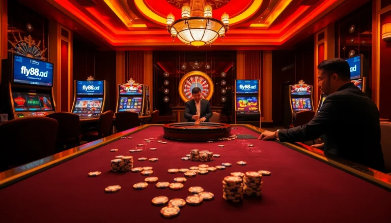 Experience the thrill of gaming at fly88.ad with vibrant casino tables and professional dealers.