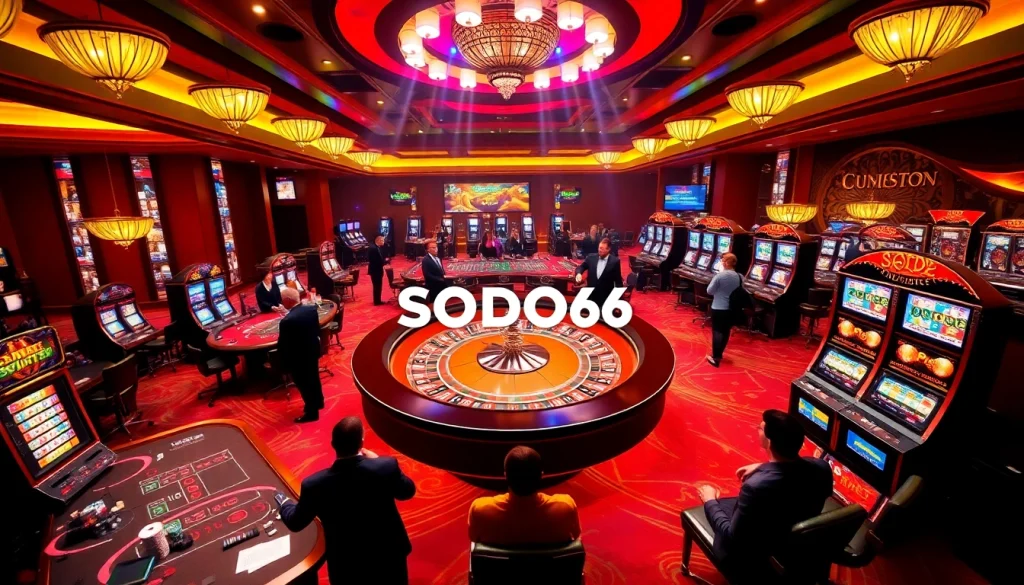 Excited players enjoy the game SODO66 at vibrant casino tables with roulette and slot machines.