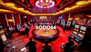 Excited players enjoy the game SODO66 at vibrant casino tables with roulette and slot machines.