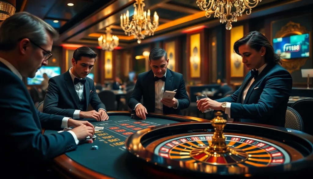 Players engaged in a thrilling game at F168 casino, showcasing cards, chips, and a roulette wheel.