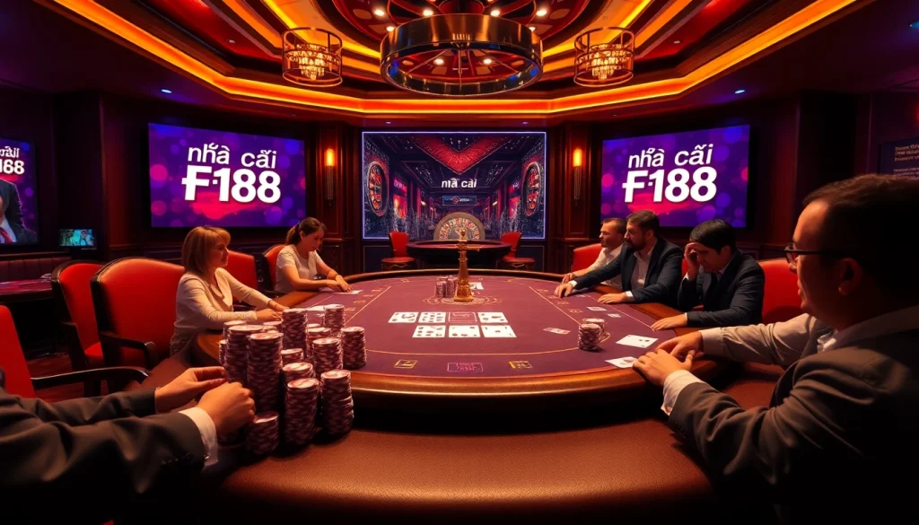 Engaging scene at nhà cái F168 showcasing a lively poker game with vibrant chips and cards.