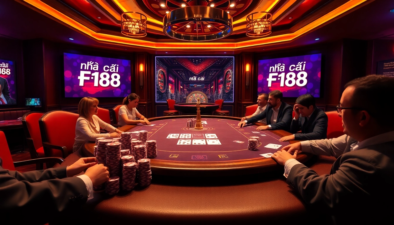 Engaging scene at nhà cái F168 showcasing a lively poker game with vibrant chips and cards.