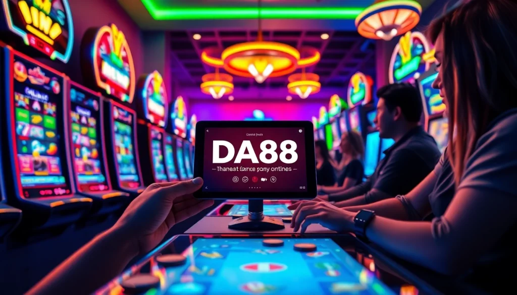 Exciting gaming scene featuring DA88, vibrant slot machines, and enthusiastic players