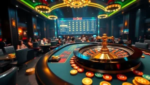 Players enjoying SV388 online gambling with a lively casino table and bright roulette wheel.