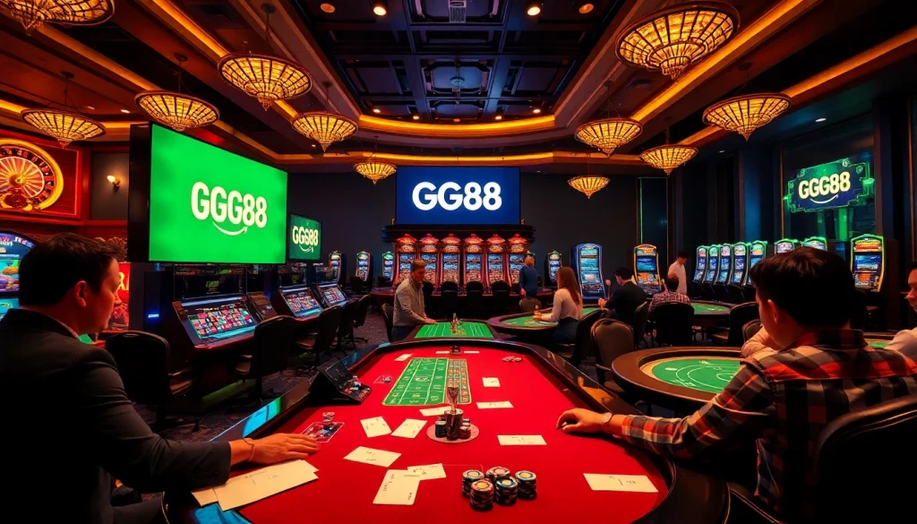 Engaging players at poker tables in a luxurious casino setting at https://gg88.black/ with vibrant atmosphere and GG88 branding.