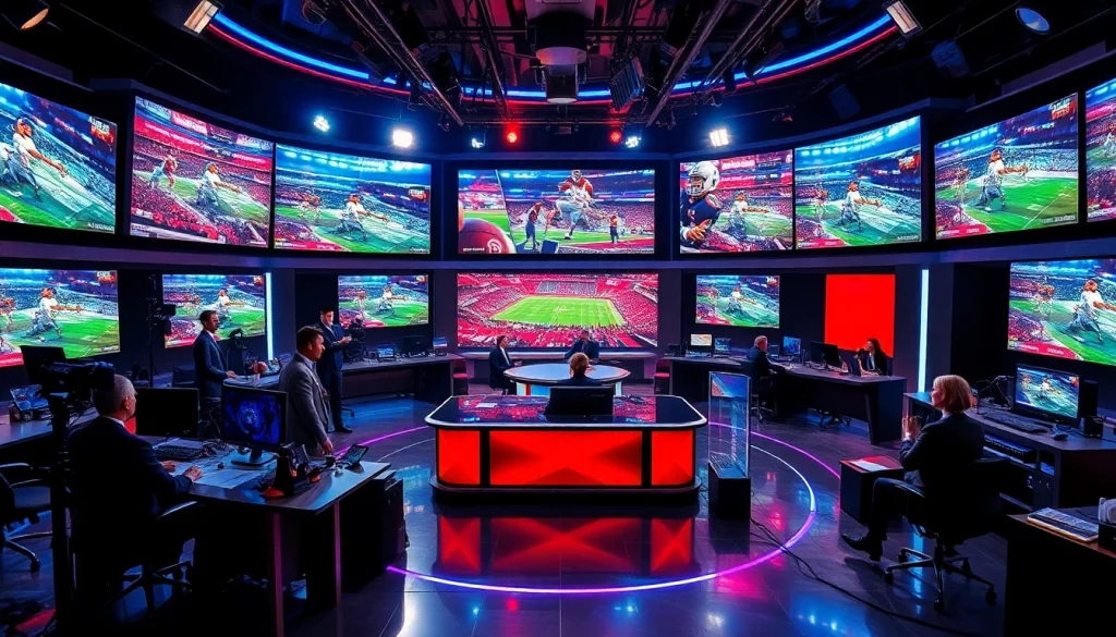 Sports Broadcasting studio featuring diverse presenters and dynamic screens.