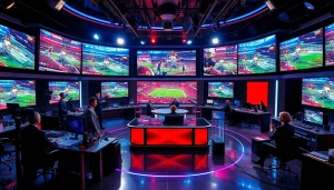 Sports Broadcasting studio featuring diverse presenters and dynamic screens.