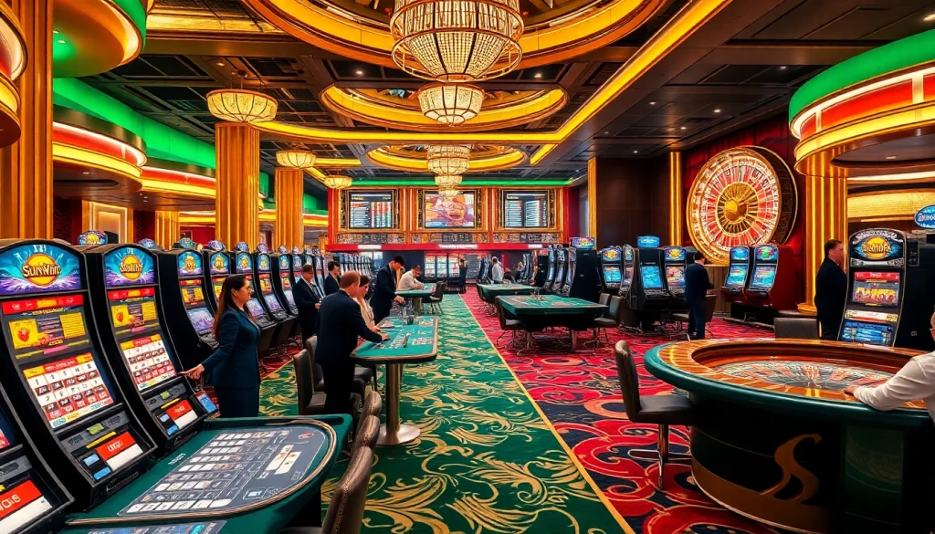 Experience thrilling games at Sunwin with vibrant casino tables and spinning roulette wheels.