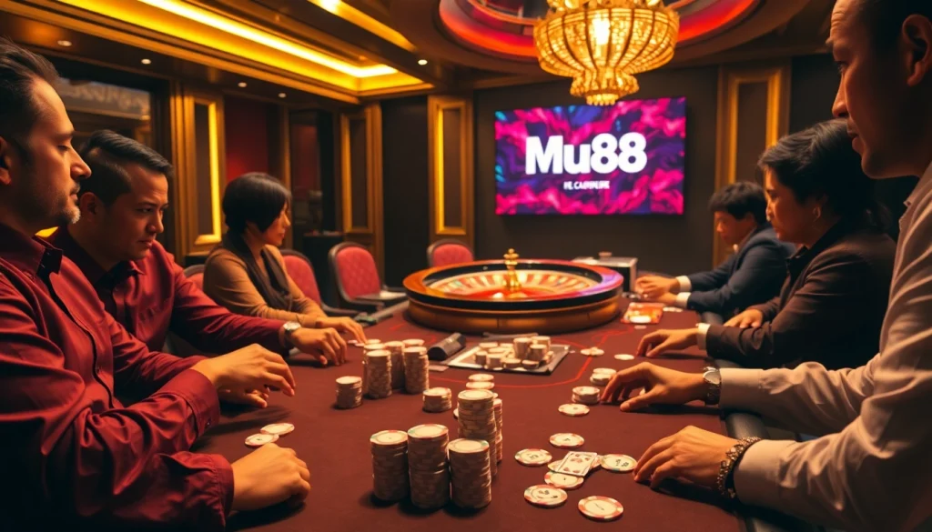 Mu88 Casino players engage at a luxurious poker table with vibrant chips and cards.