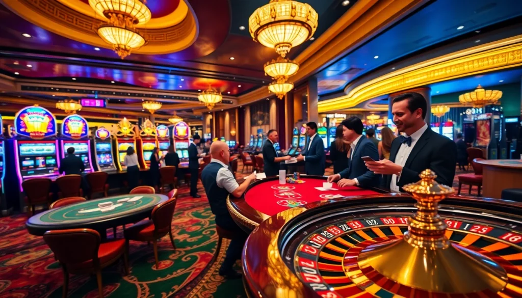 Experience luxury gaming at https://98wincom.best/, featuring an elegant casino scene with poker tables and vibrant slot machines.