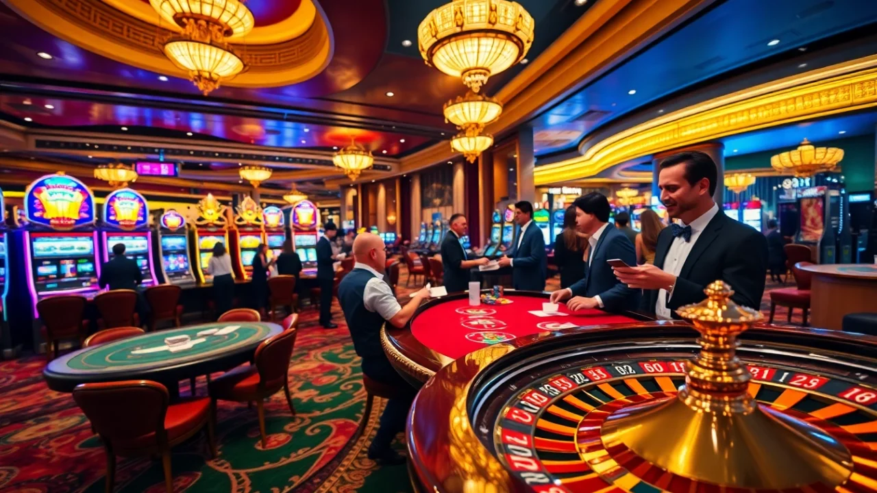 Experience luxury gaming at https://98wincom.best/, featuring an elegant casino scene with poker tables and vibrant slot machines.