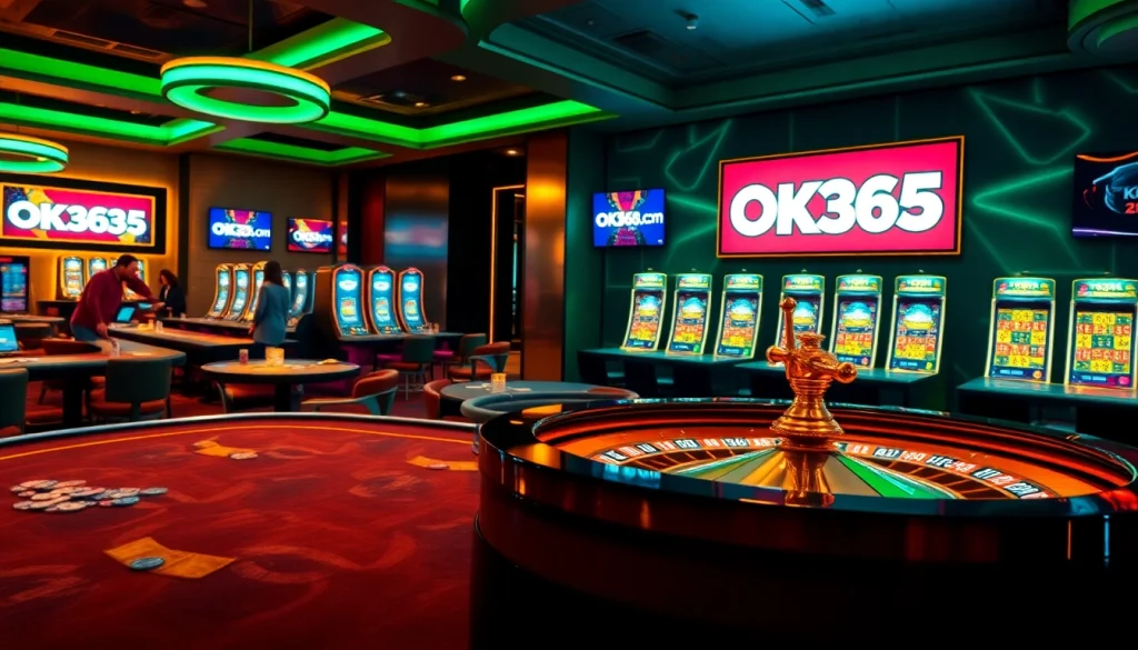 Players enjoying a thrilling game at OK365.com casino, featuring vibrant tables and glowing poker chips.