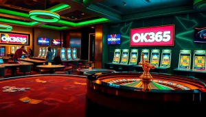 Players enjoying a thrilling game at OK365.com casino, featuring vibrant tables and glowing poker chips.