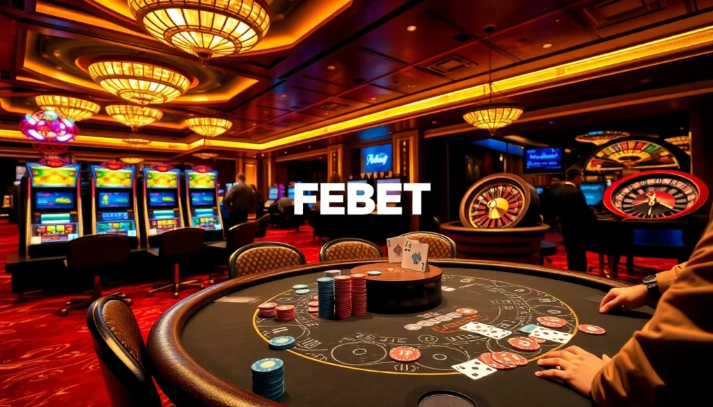 Experience the thrill of FEBET at a luxurious poker table surrounded by vibrant casino action.