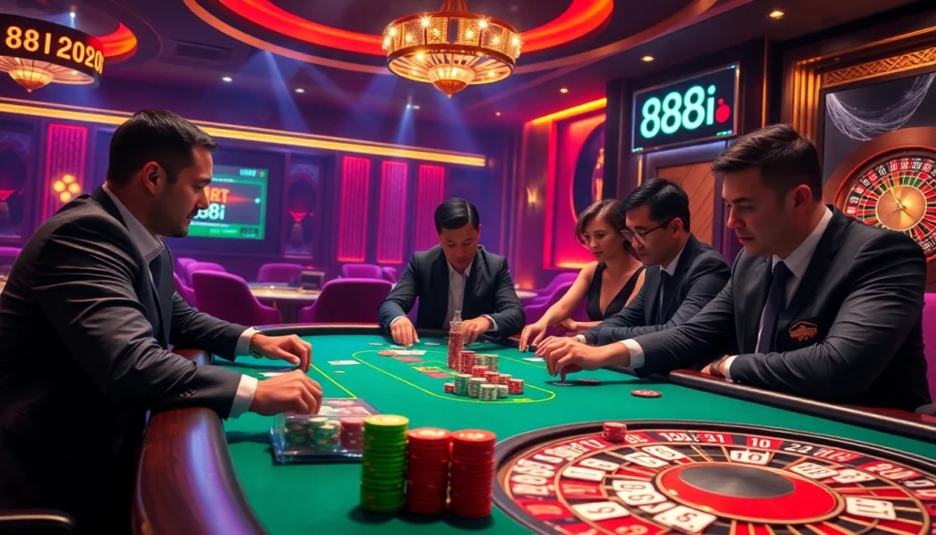 Poker players strategizing at a table while showcasing the casino environment and 88i gaming innovations.