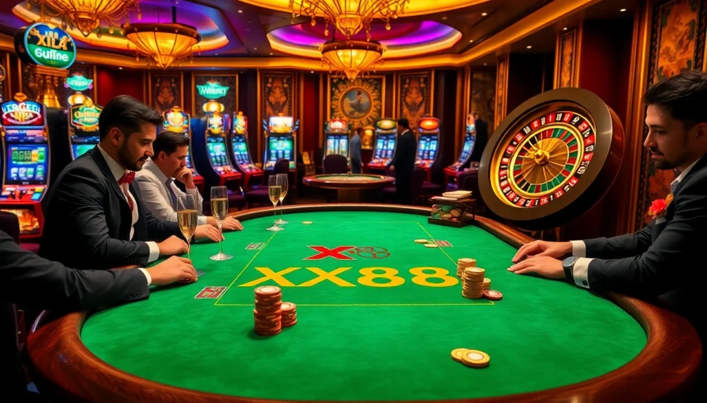 Experience the excitement of XX88 at a luxury casino table with poker chips and cards.