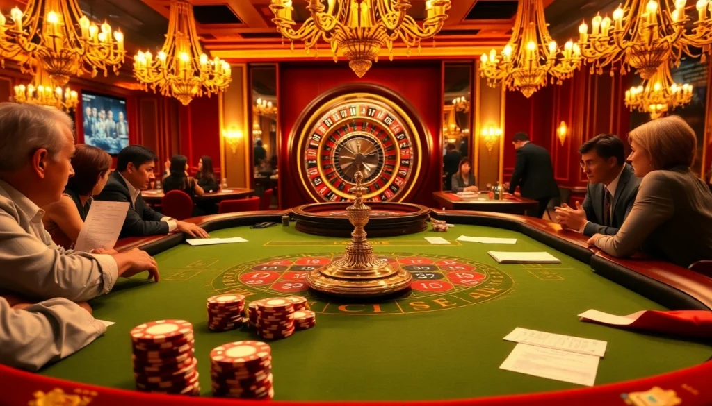 Players engaging in exciting baccarat at https://xocdia24h.com/ casino table, showcasing vibrant poker chips and luxury.