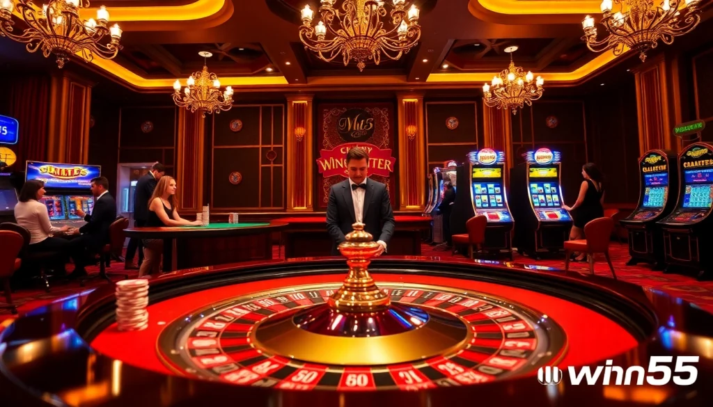 Players enjoying a thrilling moment at the Win55 casino, with vibrant roulette wheels and poker chips.