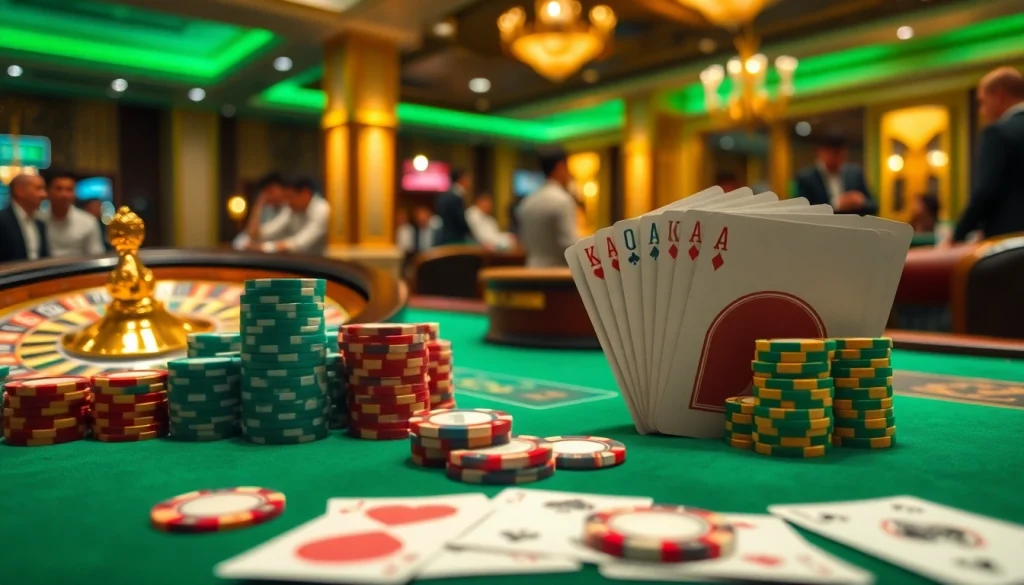 Exciting gambling scene focusing on sumvip casino games featuring poker chips, cards, and a roulette wheel.
