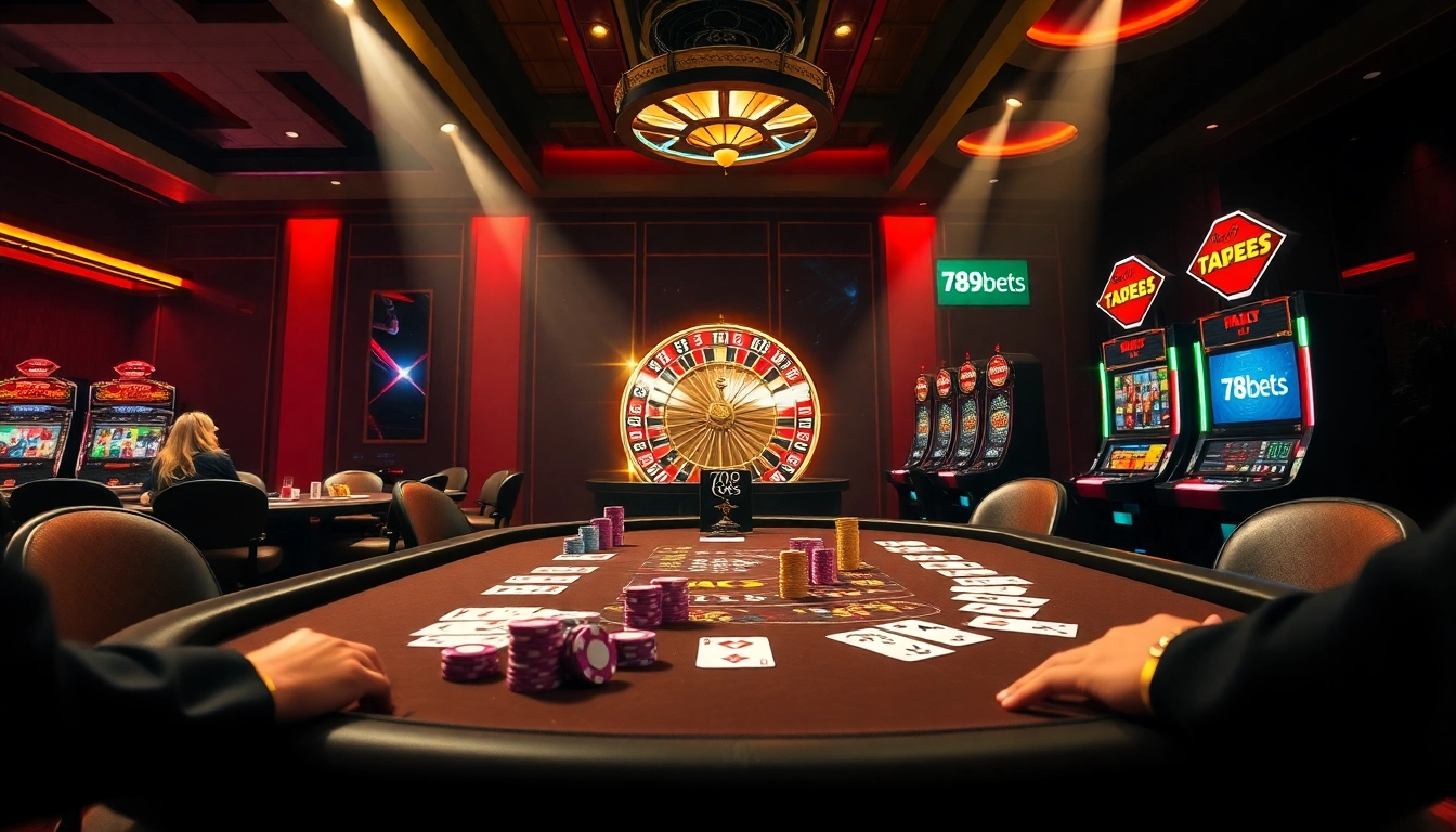 Exciting gaming scene featuring 789bets with poker, roulette, and slot machines.