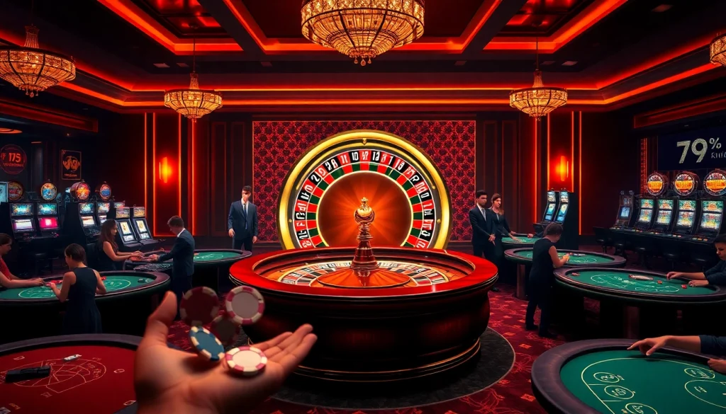 Experience the thrill of gambling with 79KING at a luxury casino featuring roulette and poker games.