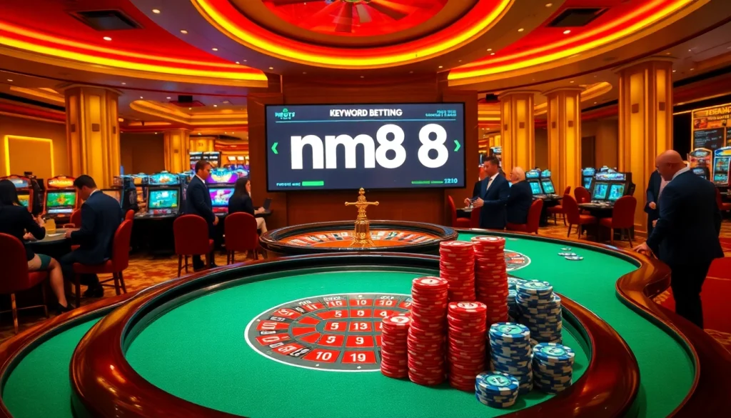 Excited players at mm88 casino table placing bets with poker chips and roulette wheel.