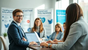 Applicants engaging with the uk eta online application process under professional guidance in an inviting office.