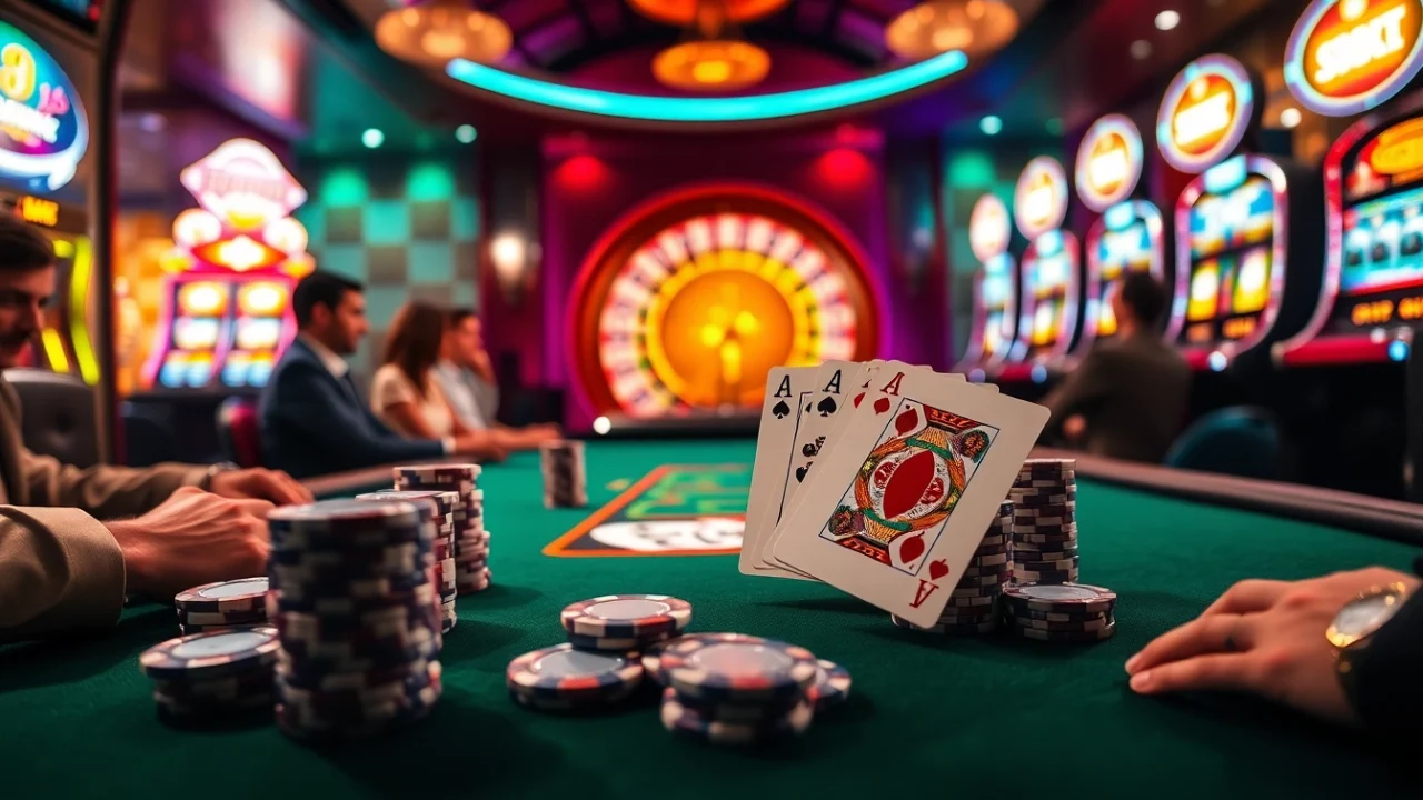 Engage in thrilling casino action at https://777vip.dev/ with poker chips, cards, and vibrant slot machines.