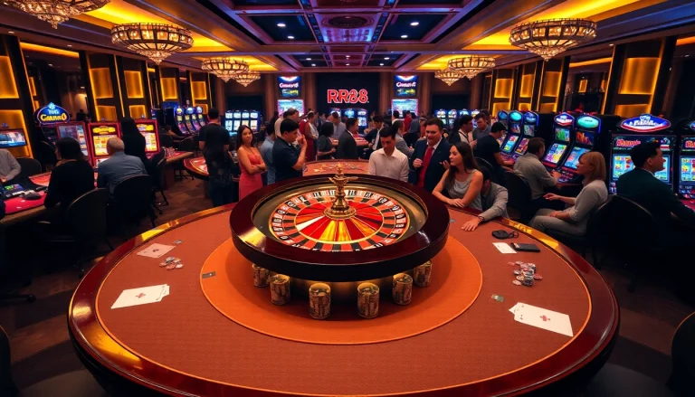 Experience high-stakes gaming at RR88 with vibrant tables and slot machines.