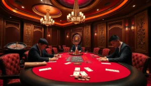 Engaged poker players at a luxurious table representing nhà cái FIVE88 in a vibrant casino setting.