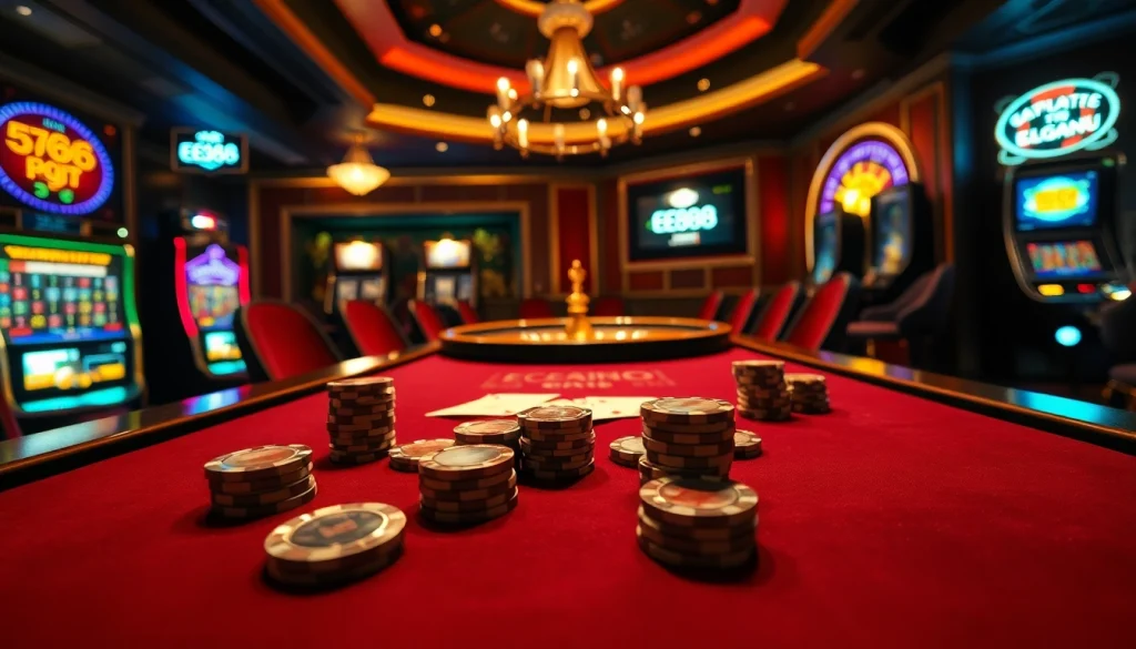 Experience high-stakes poker action at EE88's luxurious casino, featuring vibrant chips and engaging gameplay.