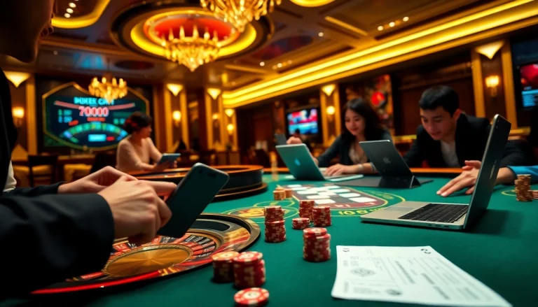 Excited players interacting with the online casino experience at 11win net, showcasing poker chips and betting slips.